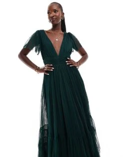 Lace & Beads Bridesmaid Madison V Neck Tulle Maxi Dress In Emerald For Women Emerald Green -Doll Wear Style 207185625 3