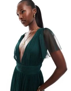 Lace & Beads Bridesmaid Madison V Neck Tulle Maxi Dress In Emerald For Women Emerald Green -Doll Wear Style 207185625 4