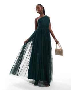 Lace & Beads Bridesmaid One Shoulder Tulle Maxi Dress In Emerald For Women Emerald Green -Doll Wear Style 207185643 1 emeraldgreen 1