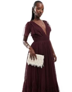 Lace & Beads Bridesmaid Madison V Neck Tulle Maxi Dress In Plum For Women -Doll Wear Style 207185652 3