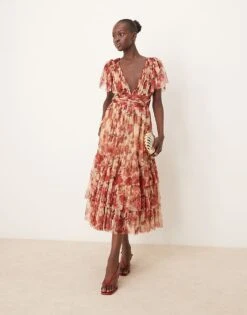 Lace & Beads Bridesmaid Madison V Neck Tulle Midi Dress In Rose Floral For Women -Doll Wear Style 207185661 1 rosefloral 1