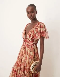 Lace & Beads Bridesmaid Madison V Neck Tulle Midi Dress In Rose Floral For Women -Doll Wear Style 207185661 3