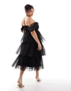 Lace & Beads Plus Ruched Tulle Tiered Midi Dress In Black For Women -Doll Wear Style 207186135 3