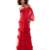 Lace & Beads Sheer Sleeve Tulle Ruffle Maxi Dress In Red For Women