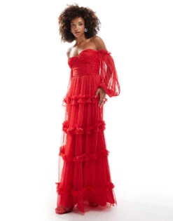 Lace & Beads Sheer Sleeve Tulle Ruffle Maxi Dress In Red For Women
