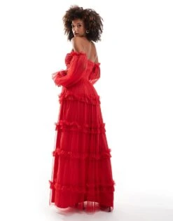 Lace & Beads Sheer Sleeve Tulle Ruffle Maxi Dress In Red For Women -Doll Wear Style 207291888 3