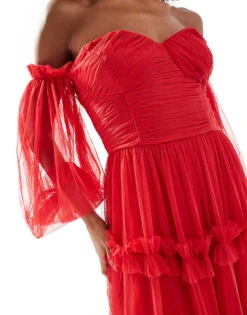 Lace & Beads Sheer Sleeve Tulle Ruffle Maxi Dress In Red For Women -Doll Wear Style 207291888 4