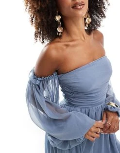 Lace & Beads Off Shoulder Balloon Sleeve Maxi Dress In Dusty Blue For Women -Doll Wear Style 207291939 3