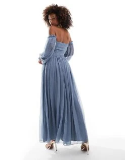 Lace & Beads Off Shoulder Balloon Sleeve Maxi Dress In Dusty Blue For Women -Doll Wear Style 207291939 4