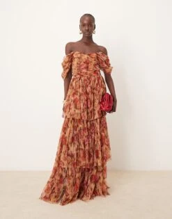 Lace & Beads Off Shoulder High Low Maxi Dress In Brown Rose Floral For Women -Doll Wear Style 207291962 1 brownrosefloral 1