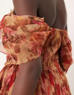 Lace & Beads Off Shoulder High Low Maxi Dress In Brown Rose Floral For Women -Doll Wear Style 207291962 3