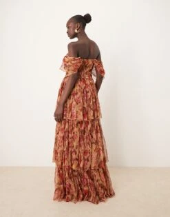 Lace & Beads Off Shoulder High Low Maxi Dress In Brown Rose Floral For Women -Doll Wear Style 207291962 4