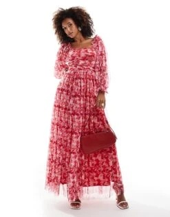Lace & Beads Ruched Balloon Sleeve Maxi Dress In Red Floral For Women -Doll Wear Style 207291970 1 redfloral 1