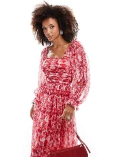 Lace & Beads Ruched Balloon Sleeve Maxi Dress In Red Floral For Women -Doll Wear Style 207291970 2