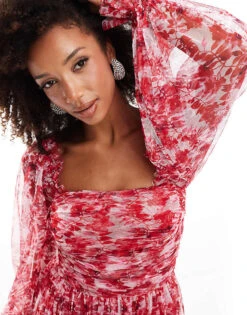 Lace & Beads Ruched Balloon Sleeve Maxi Dress In Red Floral For Women -Doll Wear Style 207291970 3