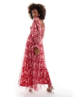 Lace & Beads Ruched Balloon Sleeve Maxi Dress In Red Floral For Women -Doll Wear Style 207291970 4