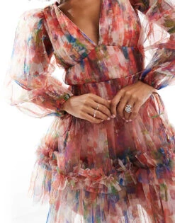 Lace & Beads Balloon Sleeve Organza Mini Dress In Red Floral For Women Red Floral Mix -Doll Wear Style 207291978 3