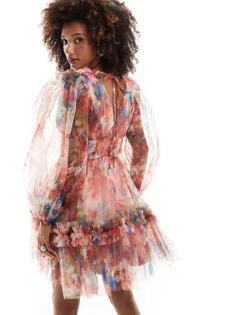 Lace & Beads Balloon Sleeve Organza Mini Dress In Red Floral For Women Red Floral Mix -Doll Wear Style 207291978 4