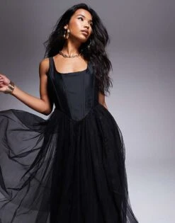 Lace & Beads Corset Tulle Midi Dress In Black For Women -Doll Wear Style 207291986 2
