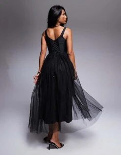 Lace & Beads Corset Tulle Midi Dress In Black For Women -Doll Wear Style 207291986 4