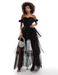 Lace & Beads Rosette Corset Maxi Dress In Black For Women