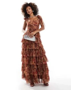Lace & Beads Tiered Bow Shoulder Tulle Maxi Dress In Rose Floral For Women Brown Rose Floral -Doll Wear Style 207292010 1 brownrosefloral 1