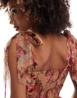 Lace & Beads Tiered Bow Shoulder Tulle Maxi Dress In Rose Floral For Women Brown Rose Floral -Doll Wear Style 207292010 3