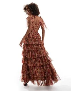 Lace & Beads Tiered Bow Shoulder Tulle Maxi Dress In Rose Floral For Women Brown Rose Floral -Doll Wear Style 207292010 4