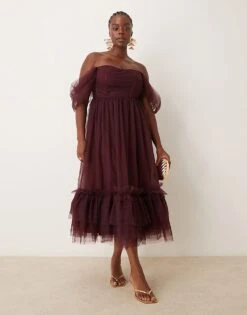 Lace & Beads Plus Off Shoulder Corset Ruffle Midaxi Dress In Plum For Women