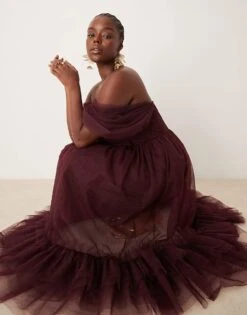 Lace & Beads Plus Off Shoulder Corset Ruffle Midaxi Dress In Plum For Women -Doll Wear Style 207294364 3