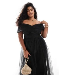 Lace & Beads Plus Bow Off Shoulder Tulle Maxi Dress In Black For Women -Doll Wear Style 207294374 1 black 1