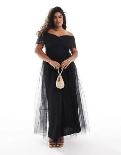 Lace & Beads Plus Bow Off Shoulder Tulle Maxi Dress In Black For Women -Doll Wear Style 207294374 2