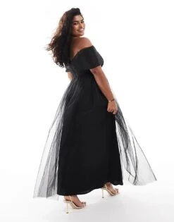 Lace & Beads Plus Bow Off Shoulder Tulle Maxi Dress In Black For Women -Doll Wear Style 207294374 3