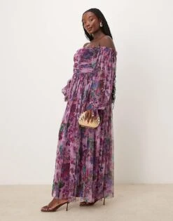 Lace & Beads Plus Lace And Beads Plus Long Sleeve Tulle Ruffle Maxi Dress In Purple Floral For Women -Doll Wear Style 207294391 1 purplefloral 1