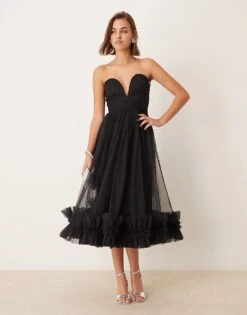 Lace & Beads Corset Tulle Ruffle Hem Midaxi Dress In Black For Women