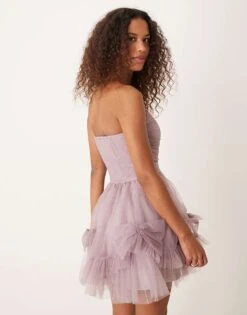 Lace & Beads Corset Overlay Mini Dress In Lilac Grey For Women -Doll Wear Style 207303888 4