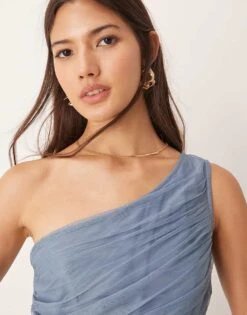 Lace & Beads Bridesmaid One Shoulder Tulle Maxi Dress In Deep Blue For Women -Doll Wear Style 207303928 2