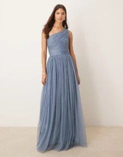 Lace & Beads Bridesmaid One Shoulder Tulle Maxi Dress In Deep Blue For Women -Doll Wear Style 207303928 3