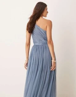 Lace & Beads Bridesmaid One Shoulder Tulle Maxi Dress In Deep Blue For Women -Doll Wear Style 207303928 4