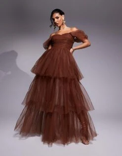 Lace & Beads Off Shoulder High Low Tulle Maxi Dress In Brown For Women -Doll Wear Style 207303936 1 brown 1