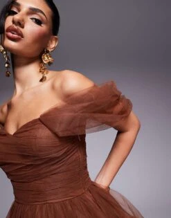 Lace & Beads Off Shoulder High Low Tulle Maxi Dress In Brown For Women -Doll Wear Style 207303936 3