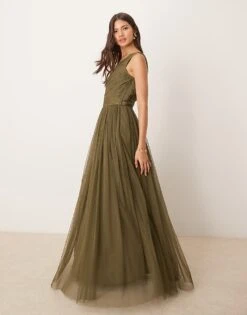 Lace & Beads Bridesmaid One Shoulder Tulle Maxi Dress In Deep Olive For Women -Doll Wear Style 207303944 1 deepolive 1