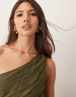 Lace & Beads Bridesmaid One Shoulder Tulle Maxi Dress In Deep Olive For Women -Doll Wear Style 207303944 2