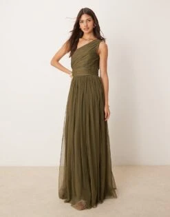 Lace & Beads Bridesmaid One Shoulder Tulle Maxi Dress In Deep Olive For Women -Doll Wear Style 207303944 3