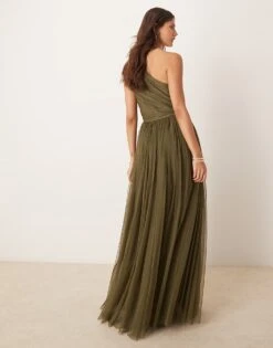 Lace & Beads Bridesmaid One Shoulder Tulle Maxi Dress In Deep Olive For Women -Doll Wear Style 207303944 4