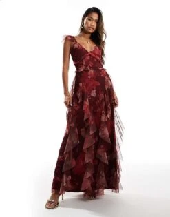 Lace & Beads Ruffle Midaxi Tulle Dress In Red Floral For Women -Doll Wear Style 207303968 1 redfloral 1