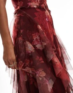 Lace & Beads Ruffle Midaxi Tulle Dress In Red Floral For Women -Doll Wear Style 207303968 3
