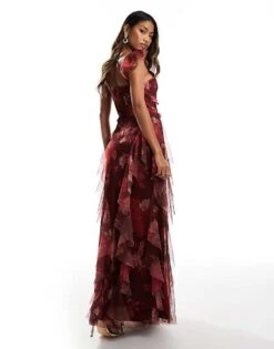 Lace & Beads Ruffle Midaxi Tulle Dress In Red Floral For Women -Doll Wear Style 207303968 4