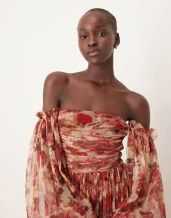 Lace & Beads Sheer Sleeve Tulle Ruffle Maxi Dress In Rose Floral For Women -Doll Wear Style 207303992 4