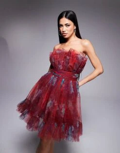 Lace & Beads Tulle Bandeau Mini Dress In Burgundy Floral For Women -Doll Wear Style 207304000 1 burgundyfloral 1